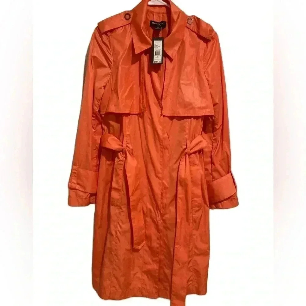New Kenneth Cole New York Women’s Orange Raincoat with Belt Sz. Small NWT - Picture 2 of 13